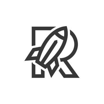 Minimalist Letter R Logo with Rocket Launch Icon