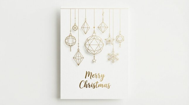 Elegant gold geometric christmas ornaments hanging from thin lines on a clean white textured greeting card background with a festive merry christmas calligraphy script font