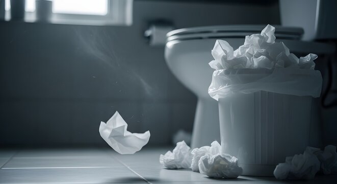 White trash bin with crumpled paper in bathroom