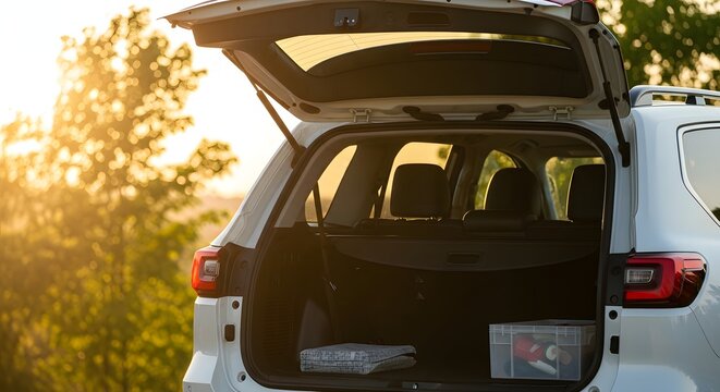White vehicle with open trunk in nature at sunset