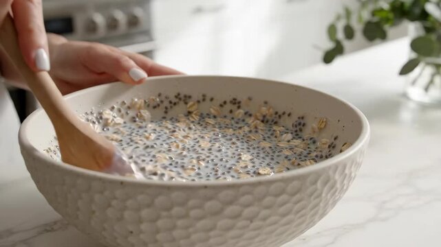 Hand stirring ceramic bowl with chia seeds and oat soaked in milk for healthy breakfast preparation on marble countertop bright kitchen background