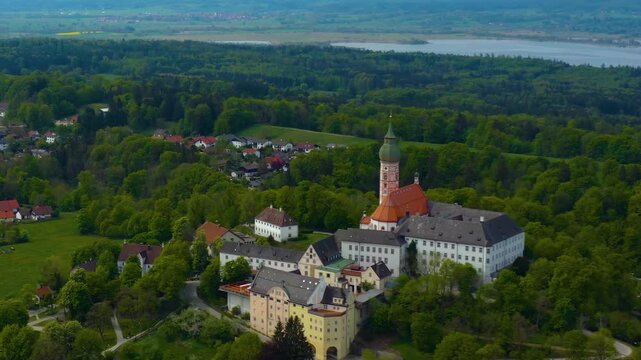 Aerial view around the old town and monastery of the city Andechs, in south Germany on a sunny spring noon