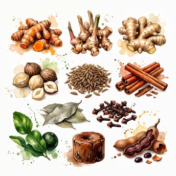 Watercolor Indonesian traditional spices and herbs collection with turmeric ginger galangal candlenuts cumin cinnamon bay leaves cloves lime and tamarind isolated on white background
