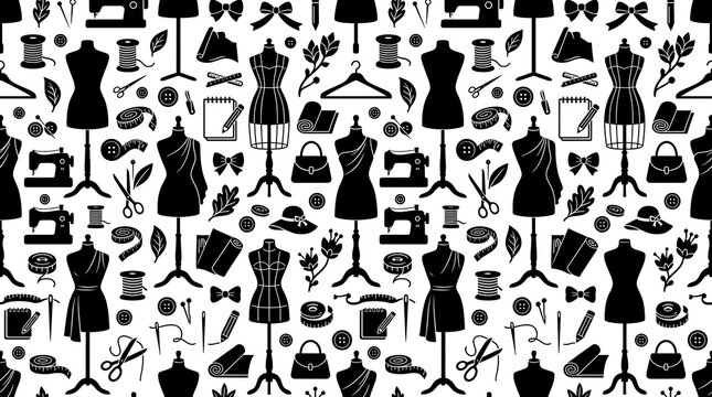 Seamless pattern with sewing tools and fashion mannequins silhouettes