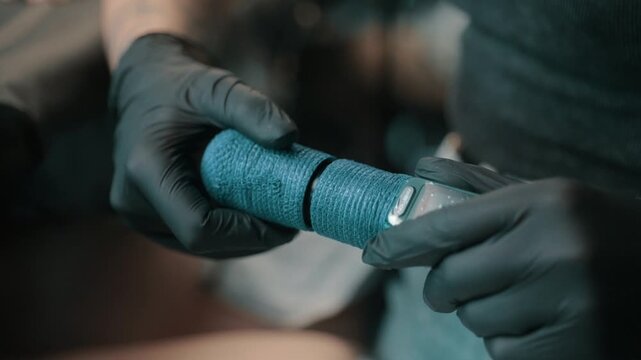 Tattoo artist wearing black gloves wrapping blue grip tape around a tattoo machine before a professional tattooing session in a studio.