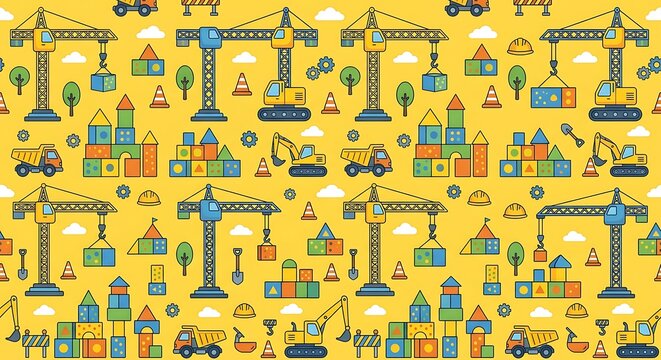 Seamless pattern with construction vehicles and building blocks