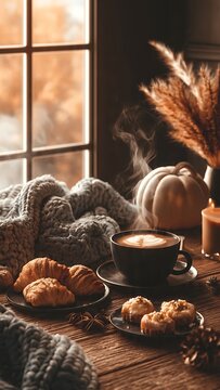 Cozy autumn morning with warm coffee and fresh croissants by the window.
