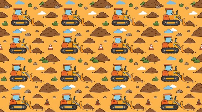 Seamless pattern with construction vehicles and dirt piles on yellow