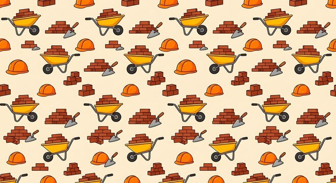 Seamless pattern of construction tools and bricks on beige background