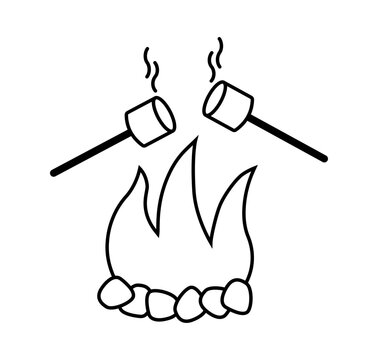 Two marshmallows on sticks are being toasted over a stylized campfire with flames and stones. Roasting marshmallows over a campfire illustration