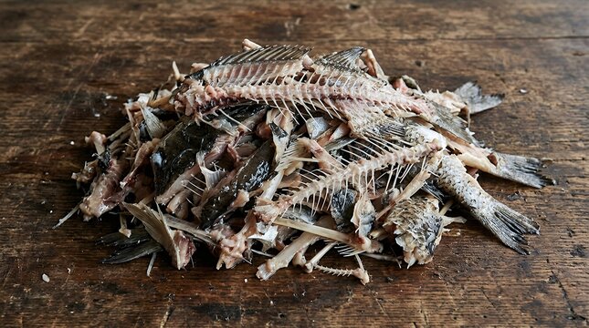 A heap of leftover fish skeletal remains and flesh against a brown backdrop  fish bones seafood waste organic leftovers protein residue white skeletons brown meat fishery byproduct natural