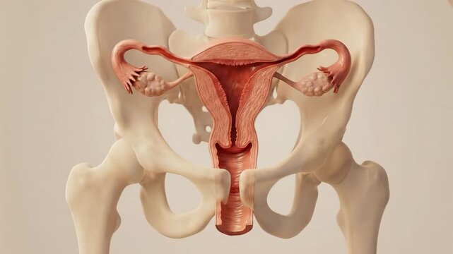 Biological female system: human reproduction process, uterine health disorder, menstrual cycle pattern, ovary hormone regulation, endometrium grow phase, fibroid myoma form.