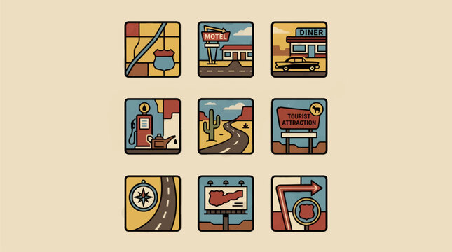 Vintage Route 66 Road Trip Icons Set, Flat Design Vector Illustrations of Motel, Diner, Gas Station, Desert Landscape, Road Signs and Map Fragments, Retro Americana Style
