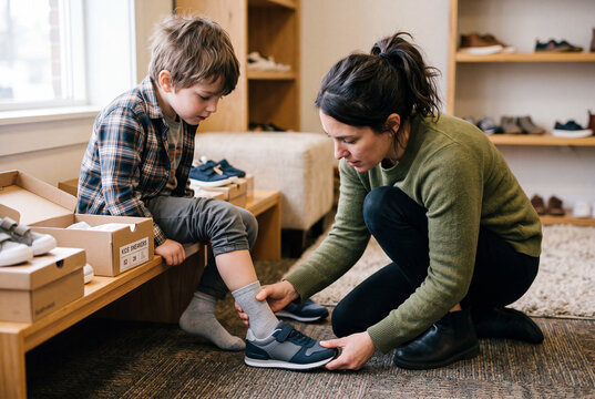 A child sits on a bench in a shoe store while a parent checks the fit of new sneakers. The store has shoes on display, and the parent is focused on the child's foot