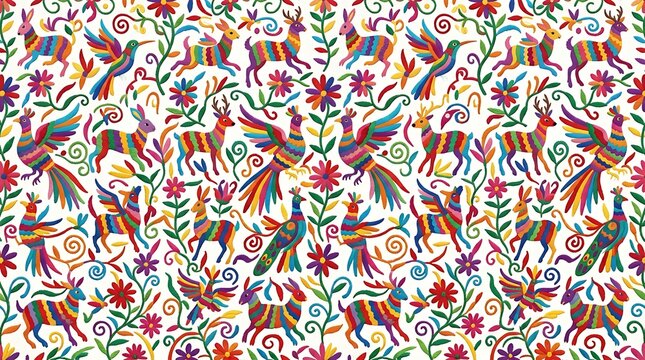 Vibrant mexican folk art pattern with animals and flowers