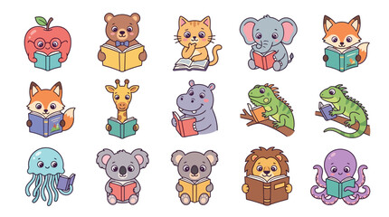Obraz premium Cute cartoon animals reading books.