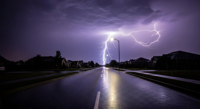Lightning bolt over wet suburban road at night