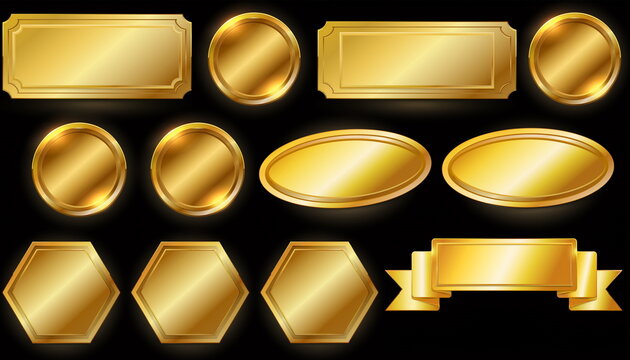 Assorted shiny golden metallic plates and ribbon banners on black background 様々な形状の輝くゴールドメタルプレートとリボンバナーの黒背景イラスト素材