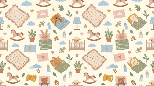 Seamless nursery pattern with sleeping animals and baby accessories