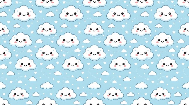 Seamless pattern with cute smiling clouds and stars on blue background