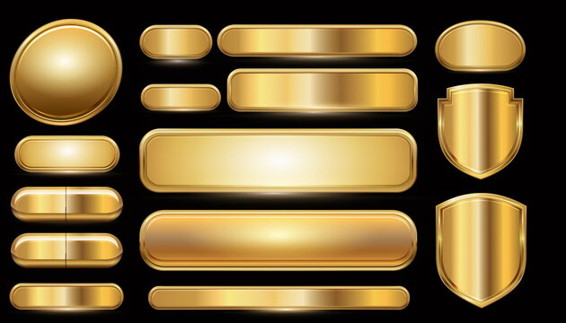 Glossy golden metallic rectangular bars and shield buttons on black background 光沢のある金色の長方形メタルバーとシールドボタンのセット黒背景イラスト素材