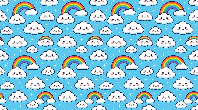 Cute seamless pattern with happy smiling clouds and rainbows
