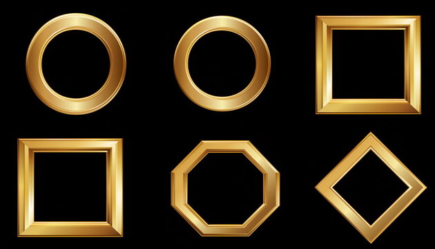 Luxury thick gold geometric border frames isolated on black background 高級感のある太枠の金色幾何学ボーダーフレームセット黒背景イラスト素材
