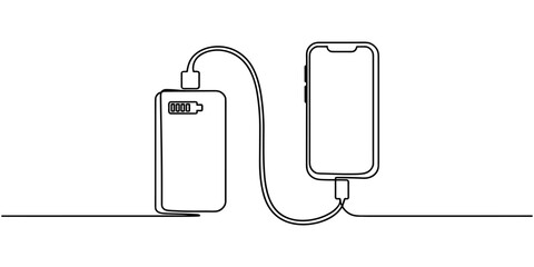 Fototapeta premium Power Bank Charging Phone Continuous One Line Drawing, Cable and Battery Indicator Tech Line Art