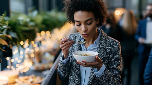 Woman executive hurriedly eats a bowl of soup standing behind a catering partition moments before a formal reception, contrasting polished public image
