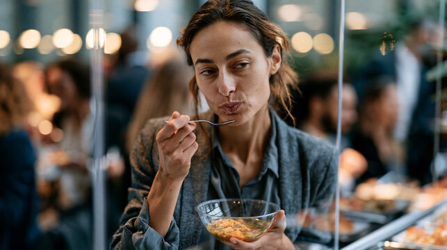 Woman executive eating a hurried bowl of soup while standing behind a catering partition just before a formal reception with a polished public image contrast