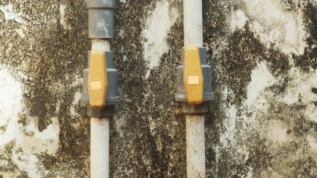 Hand turning yellow valve on weathered pipe against mossy wal