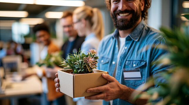 Employee handing small potted plants to coworkers at office during bittersweet farewell for new job