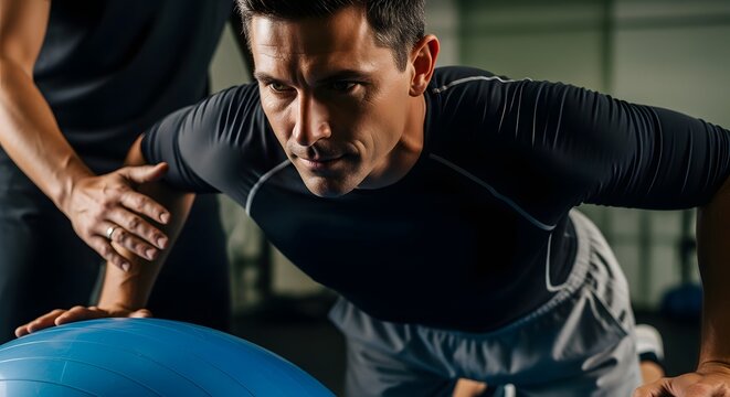 Man performing plank exercise with fitness ball and trainer