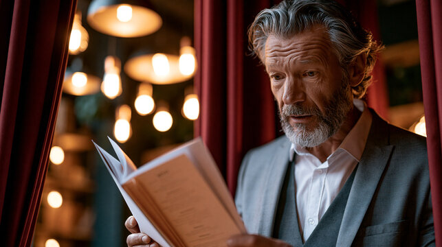 Senior manager discovers formal speech pages mixed with restaurant menu moments before stage presentation, facing controlled panic behind the event