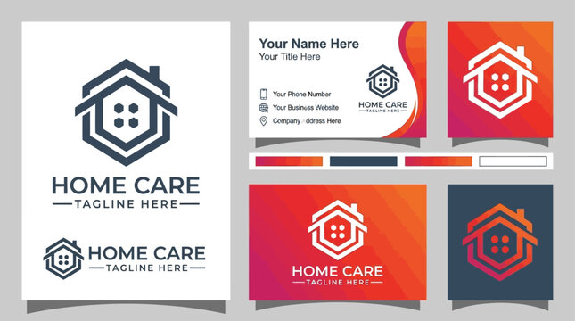 Sleek and professional home care house logo vector, presented within a full corporate identity branding mockup, showcasing versatile business cards and cohesive design elements
