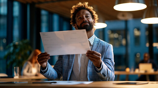 Male manager standing alone in a conference hall practicing how to hold an oversized ceremonial cheque at a corporate event preparation awkward moment