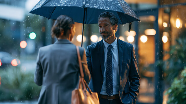 A male executive offers his umbrella to a female colleague and walks through the rain outside the office in a discreet romantic cinematic moment