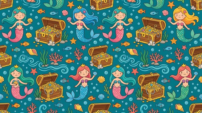 Cute mermaids and treasure chests seamless underwater pattern