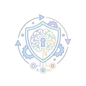 AI Cyber Security Shield Icon with Digital Brain and Keyhole
