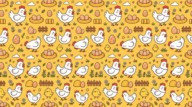 Seamless pattern with cute cartoon chickens and farm elements
