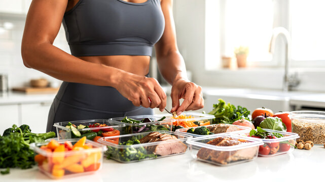 Fit woman wearing modern fitness clothing preparing healthy meals in home kitchen, carefully portioning nutritious food into freezer meal prep containers, fresh vegetables,lean protein on countertop.