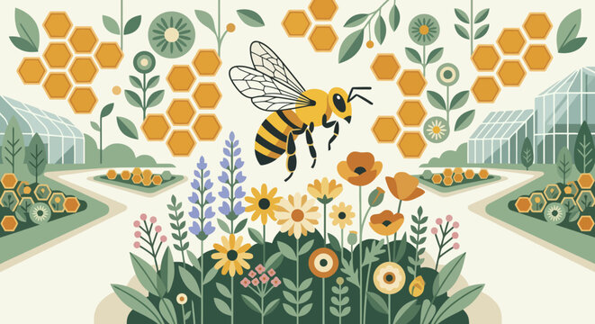 Stylized bee flying over a lush garden with colorful flowers, honeycombs, greenhouses