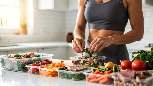 Fit woman wearing modern fitness clothing preparing healthy meals in home kitchen, carefully portioning nutritious food into freezer meal prep containers, fresh vegetables,lean protein on countertop.