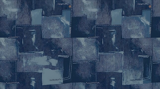 Seamless denim patchwork background with blue fabric texture
