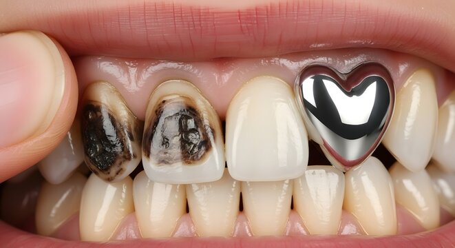 Close up of decayed teeth and heart shaped tooth