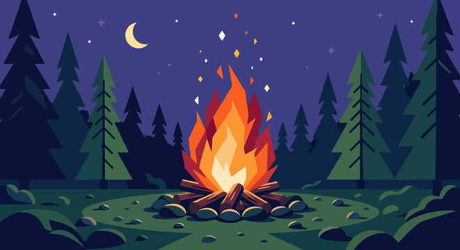 Stylized vector of a glowing campfire in a night pine forest with moon