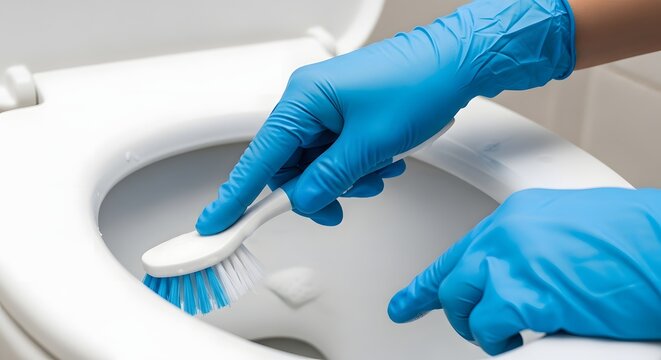 Person cleaning white toilet with blue rubber gloves
