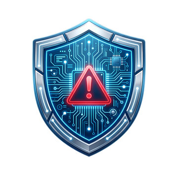 Cybersecurity Shield Icon with Digital Circuit Board and Warning Sign