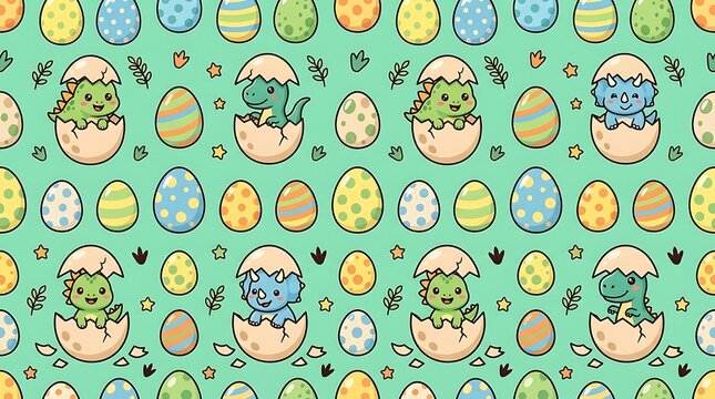 Seamless pattern with cute baby dinosaurs hatching from colorful eggs