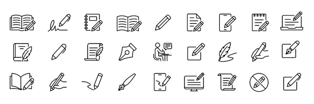Writing icons set representing content creation, notes, documents, typing, editing, storytelling, communication and creative expression. Vector illustration.
